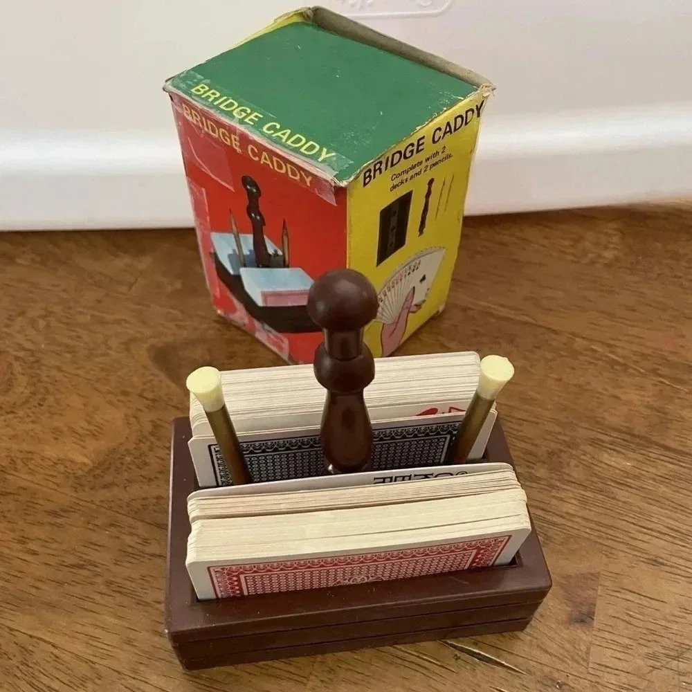 Vintage Bridge Caddy 2 Full Sets Of Cards 2 Unused‎ Pencils Faux Wood Caddy